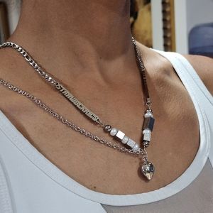Silver Cube Baroque Pearl Link Chain Strawberry Pendant Stainless Steel Necklace